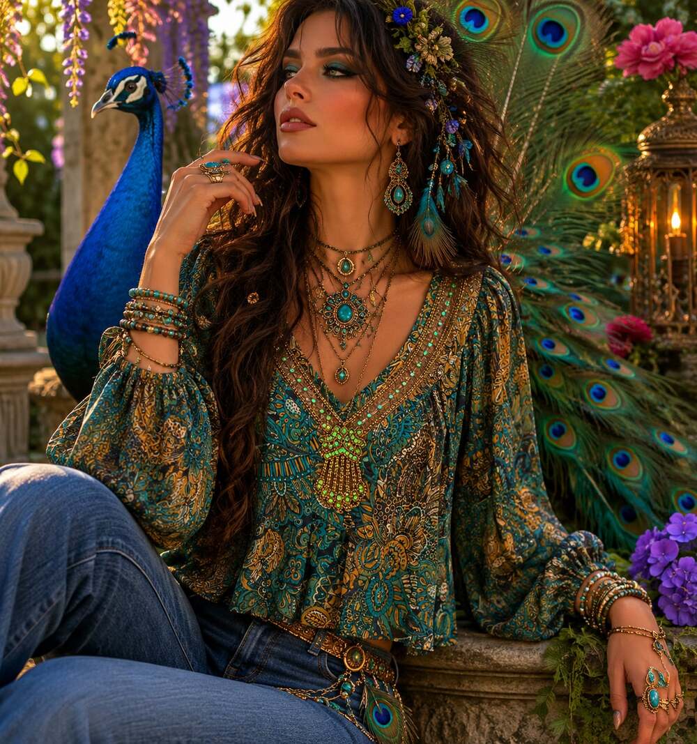Sara Michelle Paisley Print Boho Beaded V-Neck Blouse Sz.M